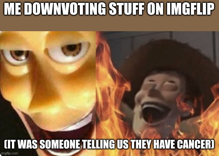 Evil Woody | ME DOWNVOTING STUFF ON IMGFLIP; (IT WAS SOMEONE TELLING US THEY HAVE CANCER) | image tagged in evil woody | made w/ Imgflip meme maker