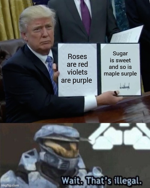 This is my dad's favorite ryme | Roses are red violets are purple; Sugar is sweet and so is maple surple | image tagged in memes,trump bill signing,wait that s illegal | made w/ Imgflip meme maker