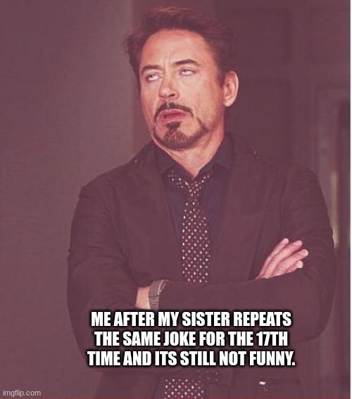 I love my sister alot,but this is kinda annoying | ME AFTER MY SISTER REPEATS THE SAME JOKE FOR THE 17TH TIME AND ITS STILL NOT FUNNY. | image tagged in memes,face you make robert downey jr | made w/ Imgflip meme maker