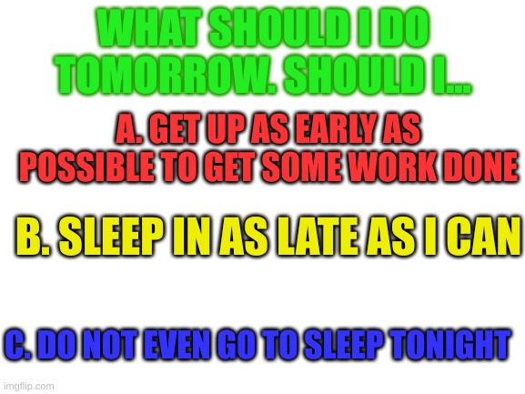 poll 1 | WHAT SHOULD I DO TOMORROW. SHOULD I... A. GET UP AS EARLY AS POSSIBLE TO GET SOME WORK DONE; B. SLEEP IN AS LATE AS I CAN; C. DO NOT EVEN GO TO SLEEP TONIGHT | image tagged in blank white template | made w/ Imgflip meme maker