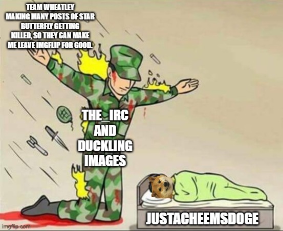 Soldier protecting sleeping child | TEAM WHEATLEY MAKING MANY POSTS OF STAR BUTTERFLY GETTING KILLED, SO THEY CAN MAKE ME LEAVE IMGFLIP FOR GOOD. THE_IRC AND DUCKLING IMAGES; JUSTACHEEMSDOGE | image tagged in soldier protecting sleeping child | made w/ Imgflip meme maker