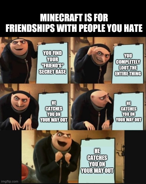 5 panel gru meme | MINECRAFT IS FOR FRIENDSHIPS WITH PEOPLE YOU HATE; YOU FIND YOUR "FRIEND'S" SECRET BASE; YOU COMPLETELY LOOT THE ENTIRE THING; HE CATCHES YOU ON YOUR WAY OUT; HE CATCHES YOU ON YOUR WAY OUT; HE CATCHES YOU ON YOUR WAY OUT | image tagged in 5 panel gru meme | made w/ Imgflip meme maker