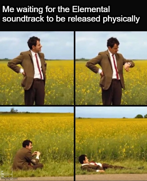 Mr bean waiting | Me waiting for the Elemental soundtrack to be released physically | image tagged in mr bean waiting | made w/ Imgflip meme maker