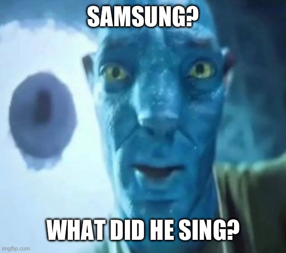 Seriously though what did he sing? | SAMSUNG? WHAT DID HE SING? | image tagged in avatar guy,memes,funny,samsung | made w/ Imgflip meme maker