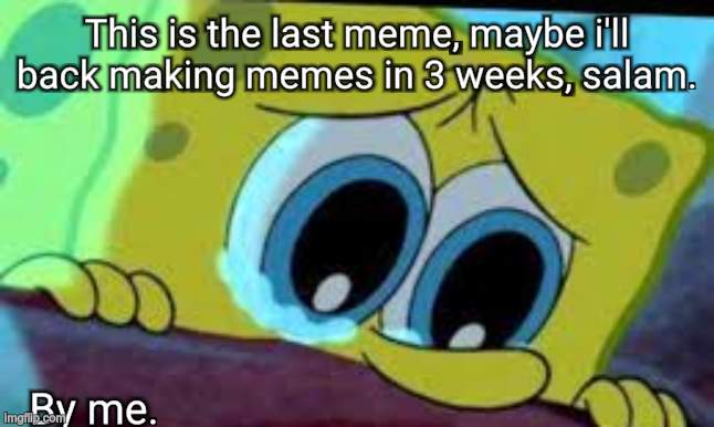 bye everybody. | This is the last meme, maybe i'll back making memes in 3 weeks, salam. By me. | image tagged in crying spongebob,sad,crying,depressed | made w/ Imgflip meme maker