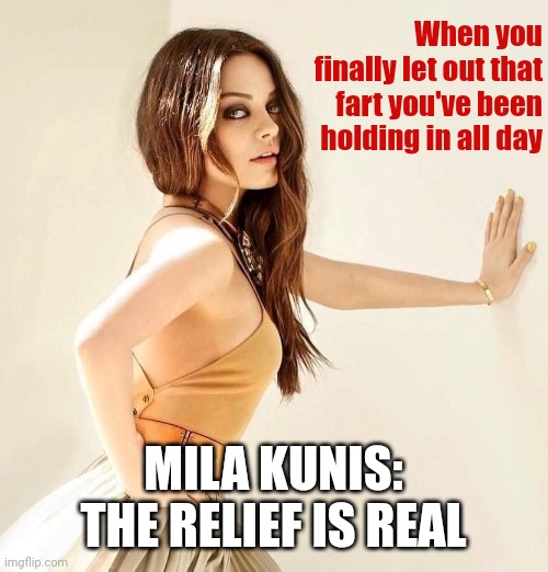 Mila Kunis | When you finally let out that fart you've been holding in all day; MILA KUNIS: THE RELIEF IS REAL | image tagged in mila kunis | made w/ Imgflip meme maker
