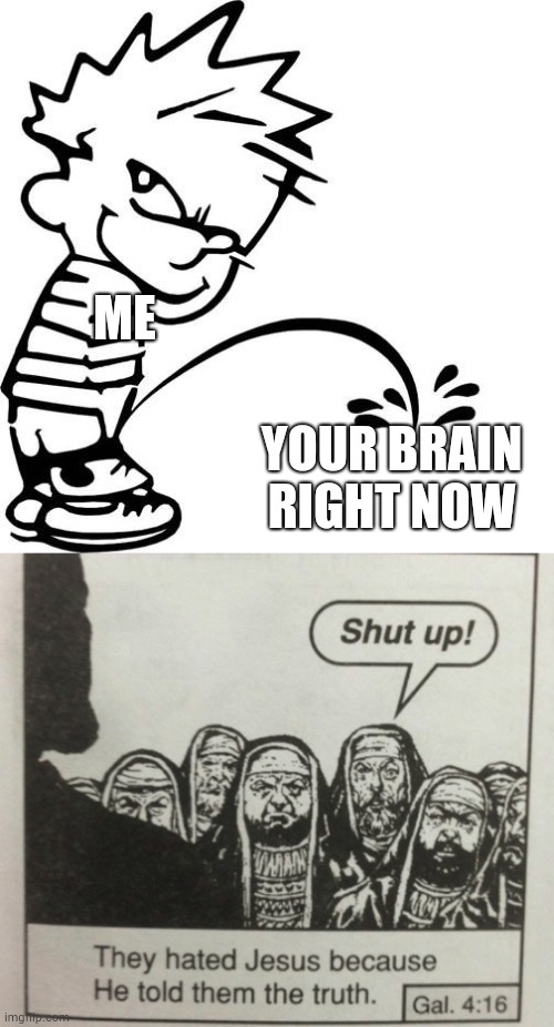 ME; YOUR BRAIN RIGHT NOW | image tagged in calvin peeing,they hated jesus because he told them the truth | made w/ Imgflip meme maker