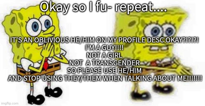 Spongebob *Inhale* Boi | Okay so I fu- repeat.... IT'S AN OBLIVIOUS HE/HIM ON MY PROFILE DESC OKAY?!?!?! 

I'M A GUY!!!! 
NOT A GIRL 
NOT  A TRANSGENDER 
SO PLEASE USE HE/HIM 
AND STOP USING THEY/THEM WHEN TALKING ABOUT ME!!!!!!! | image tagged in spongebob inhale boi | made w/ Imgflip meme maker