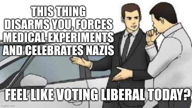 Car Salesman Slaps Roof Of Car Meme | THIS THING DISARMS YOU, FORCES MEDICAL EXPERIMENTS AND CELEBRATES NAZIS; FEEL LIKE VOTING LIBERAL TODAY? | image tagged in memes,car salesman slaps roof of car | made w/ Imgflip meme maker