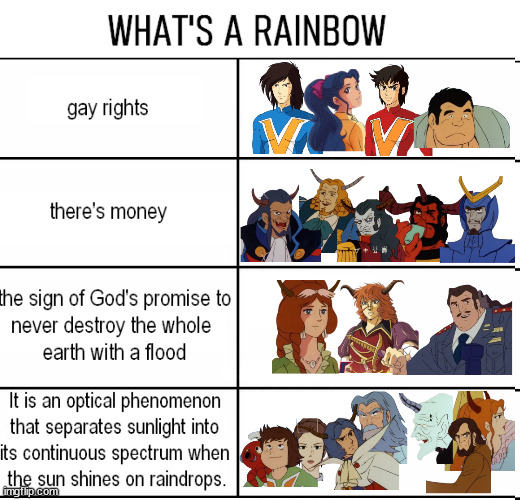 voltes v rainbow | image tagged in voltes v,robot romance trilogy,kentaro go,ippei mine,prince heinel,kenichi go | made w/ Imgflip meme maker