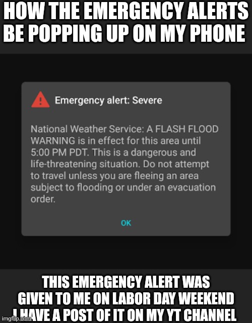 I can't no mo | HOW THE EMERGENCY ALERTS BE POPPING UP ON MY PHONE; THIS EMERGENCY ALERT WAS GIVEN TO ME ON LABOR DAY WEEKEND I HAVE A POST OF IT ON MY YT CHANNEL | image tagged in emergency alert system,memes,android,i hate it when,take this shit and get out,get a life | made w/ Imgflip meme maker