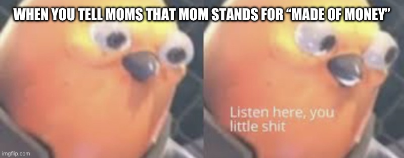 Telling your mom that mom stands for made of money | WHEN YOU TELL MOMS THAT MOM STANDS FOR “MADE OF MONEY” | image tagged in listen here you little shit bird | made w/ Imgflip meme maker