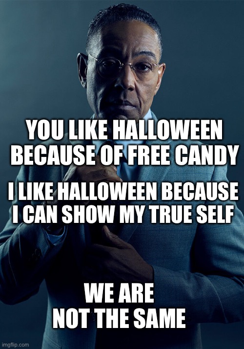 Just me? | YOU LIKE HALLOWEEN BECAUSE OF FREE CANDY; I LIKE HALLOWEEN BECAUSE I CAN SHOW MY TRUE SELF; WE ARE NOT THE SAME | image tagged in gus fring we are not the same | made w/ Imgflip meme maker
