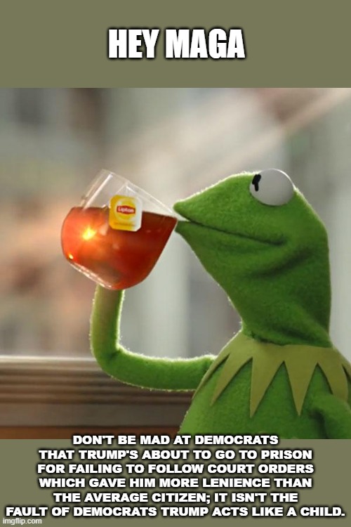 But That's None Of My Business Meme | HEY MAGA; DON'T BE MAD AT DEMOCRATS THAT TRUMP'S ABOUT TO GO TO PRISON FOR FAILING TO FOLLOW COURT ORDERS WHICH GAVE HIM MORE LENIENCE THAN THE AVERAGE CITIZEN; IT ISN'T THE FAULT OF DEMOCRATS TRUMP ACTS LIKE A CHILD. | image tagged in memes,but that's none of my business,kermit the frog,trump,prison,finally | made w/ Imgflip meme maker