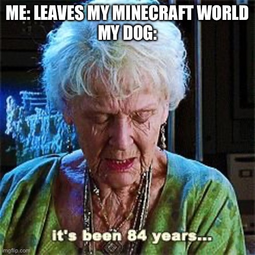It's been 84 years | ME: LEAVES MY MINECRAFT WORLD
MY DOG: | image tagged in it's been 84 years | made w/ Imgflip meme maker