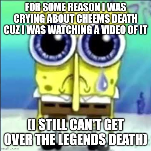 The Video I cried Abt was cheems was Life of Cheems the dog By the way | FOR SOME REASON I WAS CRYING ABOUT CHEEMS DEATH CUZ I WAS WATCHING A VIDEO OF IT; (I STILL CAN'T GET OVER THE LEGENDS DEATH) | image tagged in sad spongebob,cheems,tails1sttfan,spongebob,memes,funny | made w/ Imgflip meme maker