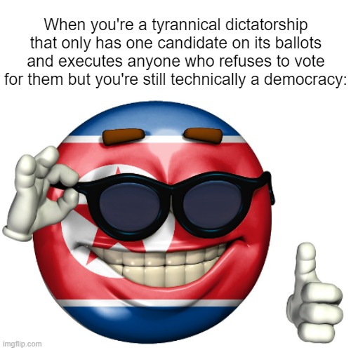 When you're a tyrannical dictatorship that only has one candidate on its ballots and executes anyone who refuses to vote for them but you're | image tagged in north korean picardia | made w/ Imgflip meme maker