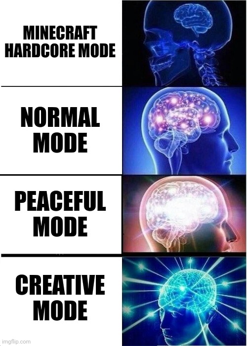 Expanding Brain | MINECRAFT HARDCORE MODE; NORMAL MODE; PEACEFUL MODE; CREATIVE MODE | image tagged in memes,expanding brain | made w/ Imgflip meme maker