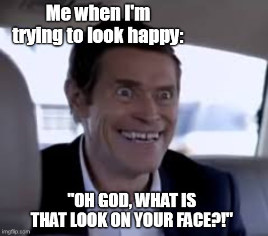 Me when I'm trying to look happy:; "OH GOD, WHAT IS THAT LOOK ON YOUR FACE?!" | made w/ Imgflip meme maker