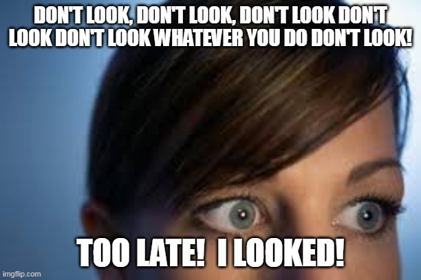 DON'T LOOK, DON'T LOOK, DON'T LOOK DON'T LOOK DON'T LOOK WHATEVER YOU DO DON'T LOOK! TOO LATE!  I LOOKED! | made w/ Imgflip meme maker