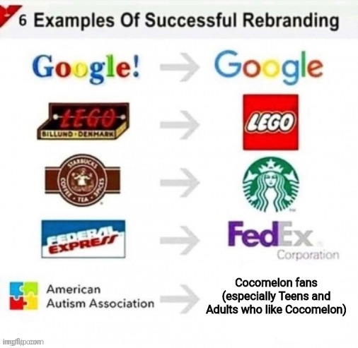 Cocomelon fans are autistic af | Cocomelon fans (especially Teens and Adults who like Cocomelon) | image tagged in examples of successful rebrandings,funny,cocomelon,cringe,autism | made w/ Imgflip meme maker
