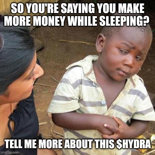 Third World Skeptical Kid Meme | SO YOU'RE SAYING YOU MAKE MORE MONEY WHILE SLEEPING? TELL ME MORE ABOUT THIS $HYDRA | image tagged in memes,third world skeptical kid | made w/ Imgflip meme maker