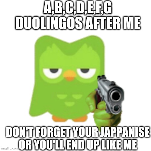 Duolingo | A,B,C,D,E,F,G DUOLINGOS AFTER ME; DON'T FORGET YOUR JAPPANISE OR YOU'LL END UP LIKE ME | image tagged in duolingo | made w/ Imgflip meme maker