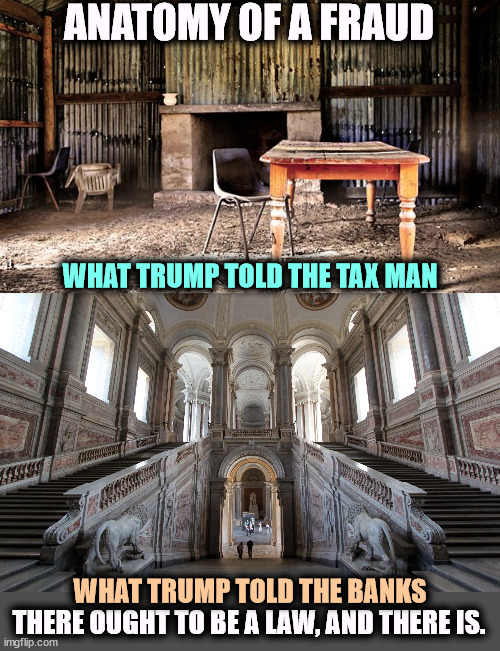 Not just once, but over and over for decades. He paid less taxes so you paid more. | ANATOMY OF A FRAUD; WHAT TRUMP TOLD THE TAX MAN; WHAT TRUMP TOLD THE BANKS; THERE OUGHT TO BE A LAW, AND THERE IS. | image tagged in trump,fraud,liar,cheat | made w/ Imgflip meme maker