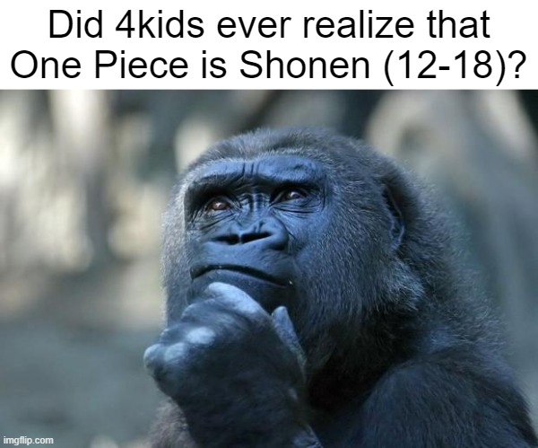 Deep Thoughts | Did 4kids ever realize that One Piece is Shonen (12-18)? | image tagged in deep thoughts,memes,one piece | made w/ Imgflip meme maker