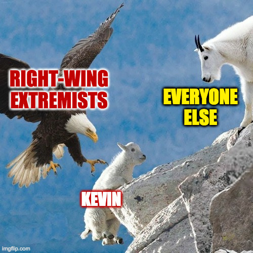 Except more vulture than eagle. | RIGHT-WING
EXTREMISTS; EVERYONE
ELSE; KEVIN | image tagged in eagle vs mountain goat,memes,gop | made w/ Imgflip meme maker