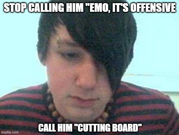 New Name | STOP CALLING HIM "EMO, IT'S OFFENSIVE; CALL HIM "CUTTING BOARD" | image tagged in emo kid | made w/ Imgflip meme maker