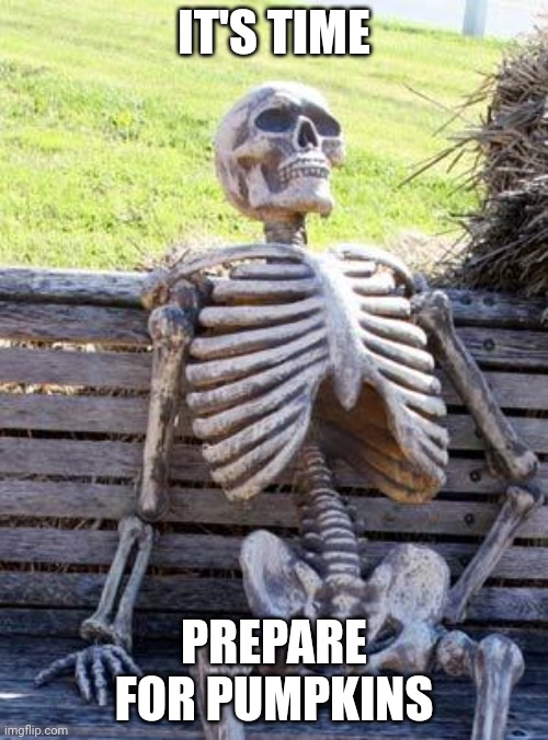 It has started | IT'S TIME; PREPARE FOR PUMPKINS | image tagged in memes,waiting skeleton | made w/ Imgflip meme maker