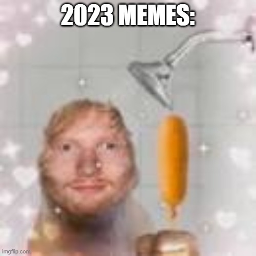 ed sheeran holding a corn dog in the shower | 2023 MEMES: | image tagged in ed sheeran holding a corn dog in the shower | made w/ Imgflip meme maker