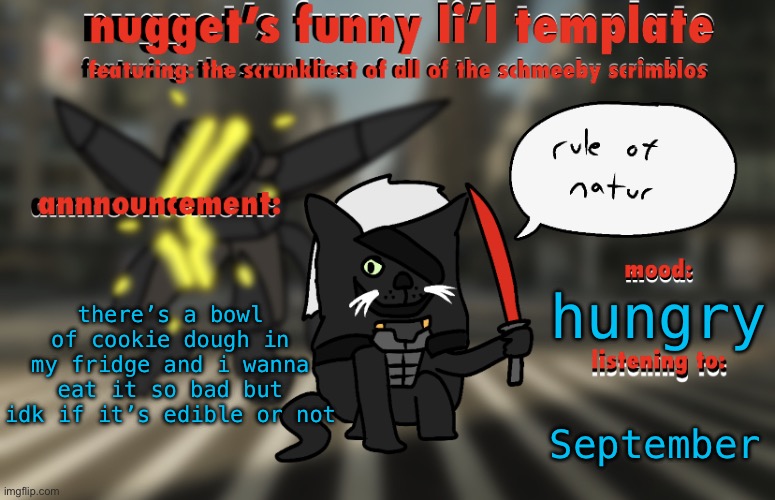 the adventures of raiden cat | there’s a bowl of cookie dough in my fridge and i wanna eat it so bad but idk if it’s edible or not; hungry; September | image tagged in the adventures of raiden cat | made w/ Imgflip meme maker