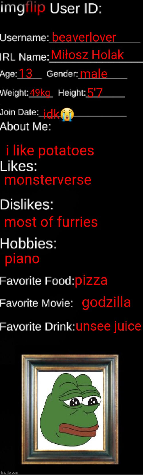imgflip ID Card | beaverlover; Miłosz Holak; 13; male; 49kg; 5'7; idk😭; i like potatoes; monsterverse; most of furries; piano; pizza; godzilla; unsee juice | image tagged in imgflip id card | made w/ Imgflip meme maker