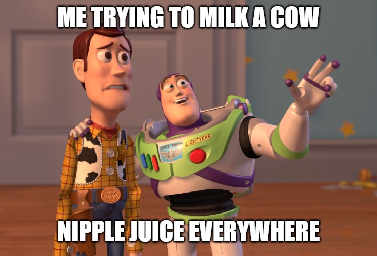 X, X Everywhere Meme | ME TRYING TO MILK A COW; NIPPLE JUICE EVERYWHERE | image tagged in memes,x x everywhere | made w/ Imgflip meme maker
