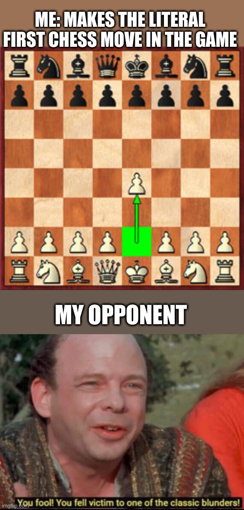 I AM A TRASH CHESS PLAYER! | ME: MAKES THE LITERAL FIRST CHESS MOVE IN THE GAME; MY OPPONENT | image tagged in you fool you fell victim to one of the classic blunders | made w/ Imgflip meme maker