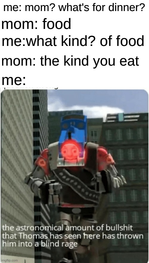 relateable? | me: mom? what's for dinner? mom: food; me:what kind? of food; mom: the kind you eat; me: | image tagged in the astronomical amount of bullshit that thomas has seen here | made w/ Imgflip meme maker
