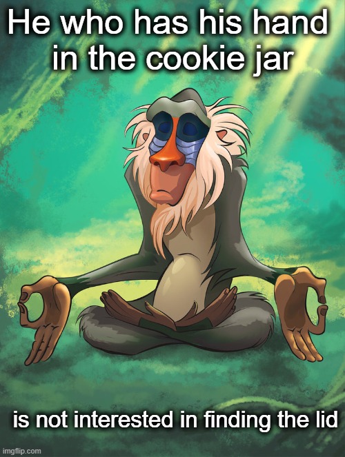 You can't describe the whole government in one image | He who has his hand 
in the cookie jar; is not interested in finding the lid | image tagged in rafiki meditation | made w/ Imgflip meme maker