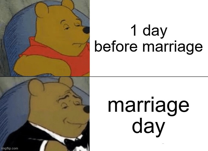 marrying a woman be like: | 1 day before marriage; marriage day | image tagged in memes,tuxedo winnie the pooh,marriage | made w/ Imgflip meme maker