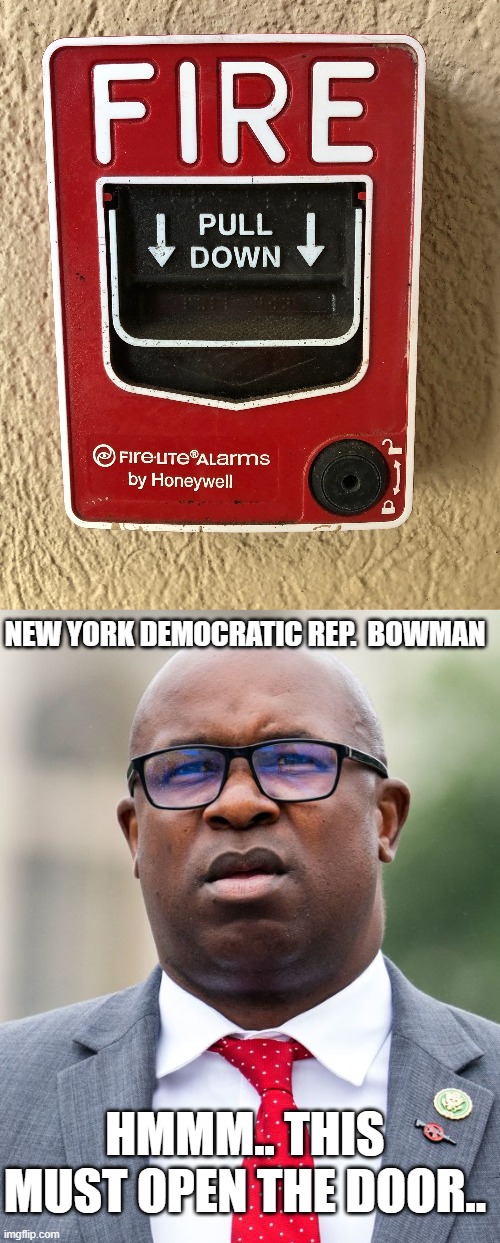 yup.. democrats are this stupid.   I almost believe it really was an accident. | NEW YORK DEMOCRATIC REP.  BOWMAN; HMMM.. THIS MUST OPEN THE DOOR.. | image tagged in democrats,stupidity,stupid liberals,funny memes,political meme | made w/ Imgflip meme maker