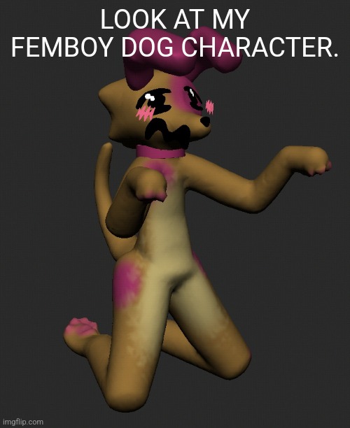 Femdog000 | LOOK AT MY FEMBOY DOG CHARACTER. | image tagged in dankmemes,femboy | made w/ Imgflip meme maker