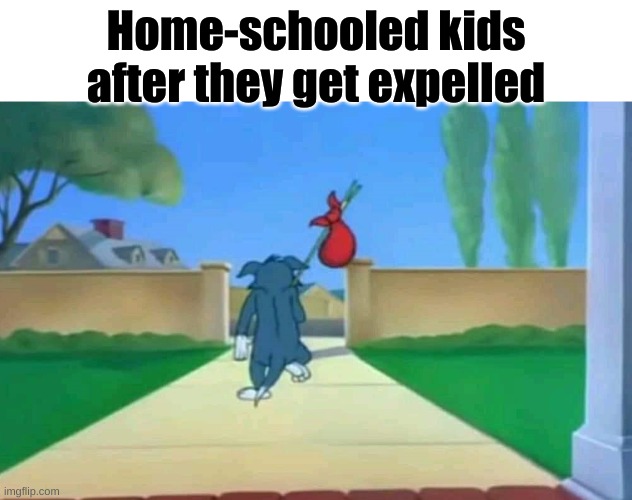bruh | Home-schooled kids after they get expelled | image tagged in tom leaving,homeschool | made w/ Imgflip meme maker