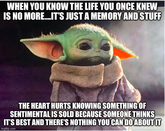 Sad | WHEN YOU KNOW THE LIFE YOU ONCE KNEW IS NO MORE….IT’S JUST A MEMORY AND STUFF; THE HEART HURTS KNOWING SOMETHING OF SENTIMENTAL IS SOLD BECAUSE SOMEONE THINKS IT’S BEST AND THERE’S NOTHING YOU CAN DO ABOUT IT | image tagged in sad | made w/ Imgflip meme maker