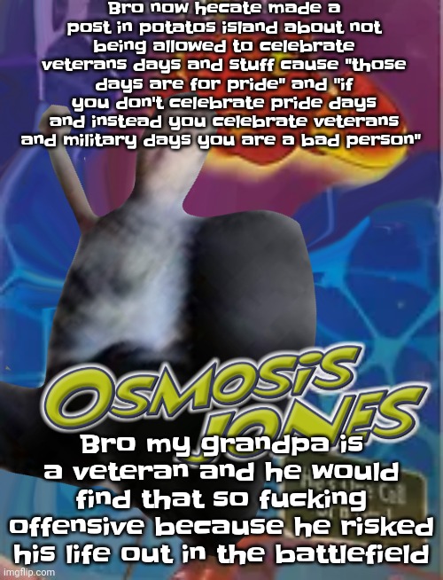 Like damn hecate really? (Proof in comments) | Bro now hecate made a post in potatos island about not being allowed to celebrate veterans days and stuff cause "those days are for pride" and "if you don't celebrate pride days and instead you celebrate veterans and military days you are a bad person"; Bro my grandpa is a veteran and he would find that so fucking offensive because he risked his life out in the battlefield | made w/ Imgflip meme maker