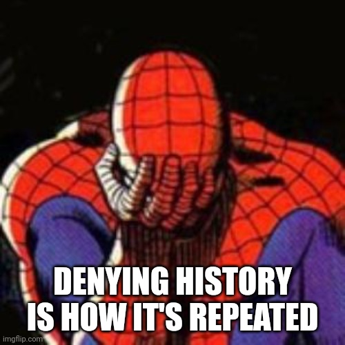 Sad Spiderman Meme | DENYING HISTORY IS HOW IT'S REPEATED | image tagged in memes,sad spiderman,spiderman | made w/ Imgflip meme maker