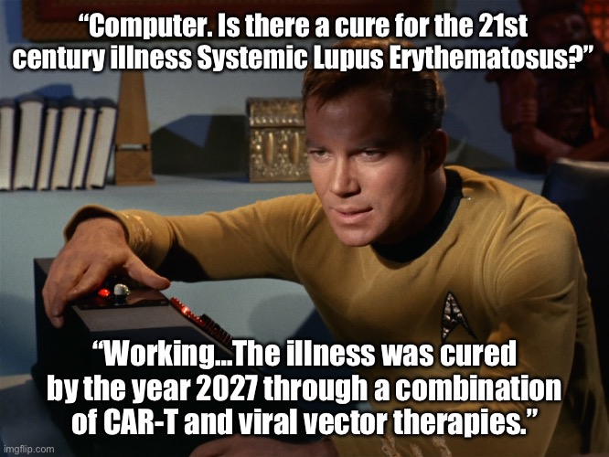 Future Lupus Cure | “Computer. Is there a cure for the 21st century illness Systemic Lupus Erythematosus?”; “Working…The illness was cured by the year 2027 through a combination of CAR-T and viral vector therapies.” | image tagged in star trek kirk computer,future,illness,disease,cure | made w/ Imgflip meme maker