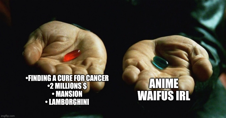 I TAKE THE BLUE PILL | •FINDING A CURE FOR CANCER
•2 MILLIONS $
• MANSION
• LAMBORGHINI; ANIME WAIFUS IRL | image tagged in red pill blue pill | made w/ Imgflip meme maker