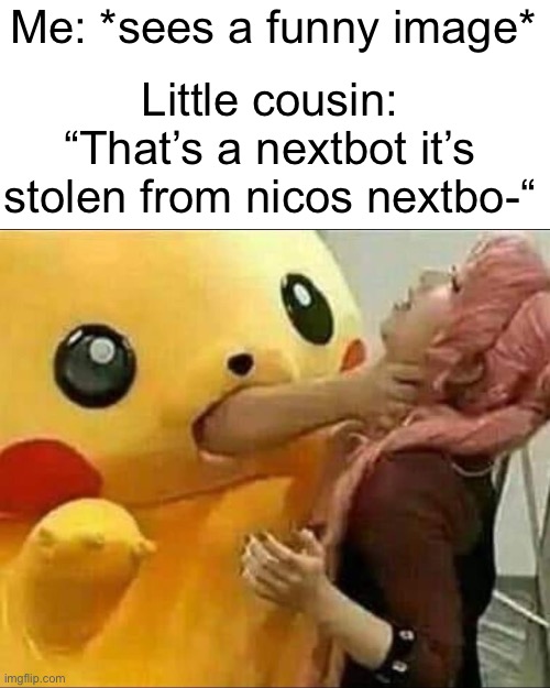 That’s from Nico’s Nextbo- | Me: *sees a funny image*; Little cousin: “That’s a nextbot it’s stolen from nicos nextbo-“ | image tagged in pikachu chokes girl | made w/ Imgflip meme maker