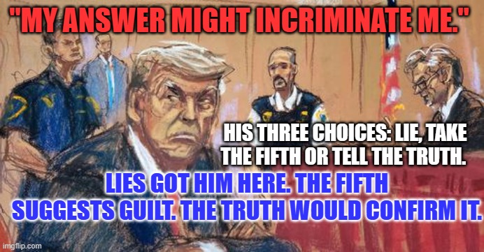Don't expect him to declare "You can't handle the Truth," and "Go Postal." | "MY ANSWER MIGHT INCRIMINATE ME."; HIS THREE CHOICES: LIE, TAKE THE FIFTH OR TELL THE TRUTH. LIES GOT HIM HERE. THE FIFTH SUGGESTS GUILT. THE TRUTH WOULD CONFIRM IT. | image tagged in trump in court | made w/ Imgflip meme maker